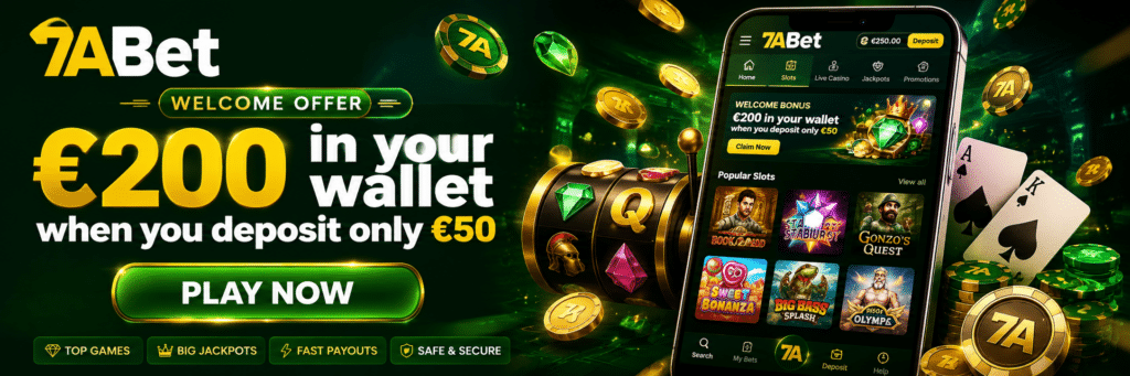7A Bet promo banner offering €200 in your wallet after a €50 deposit, with a green 'Play Now' button.