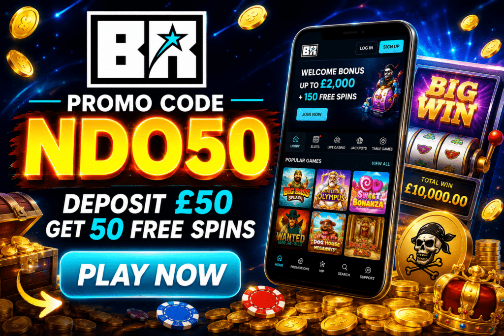 Bright casino promo banner: promo code ND050, 'Deposit £50, Get 50 Free Spins,' and a glowing 'Play Now' button beside a mobile app display.